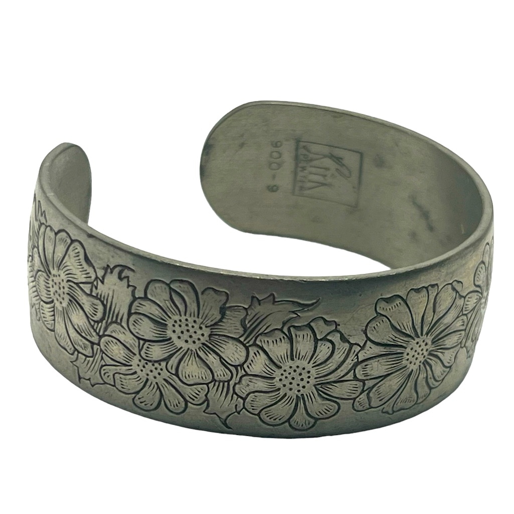 Kirk Stieff Vintage Pewter Aster Engraved Flower Cuff Bracelet Silver Tone